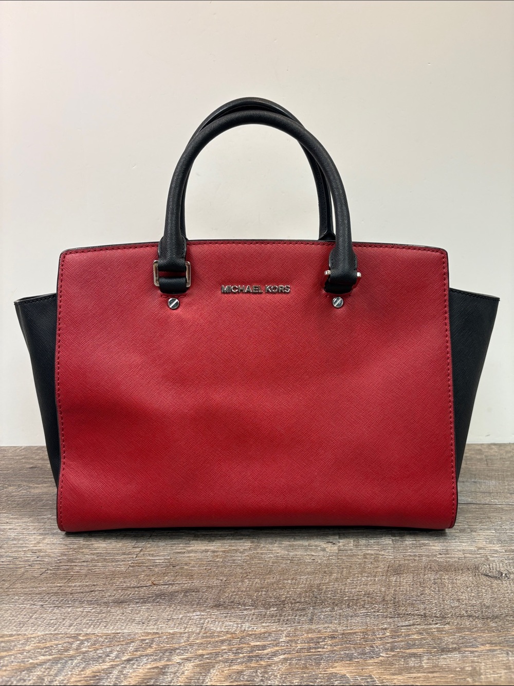 Michael Kors Selma Colorblock Satchel Red Black Saffiano Leather Tote Bag